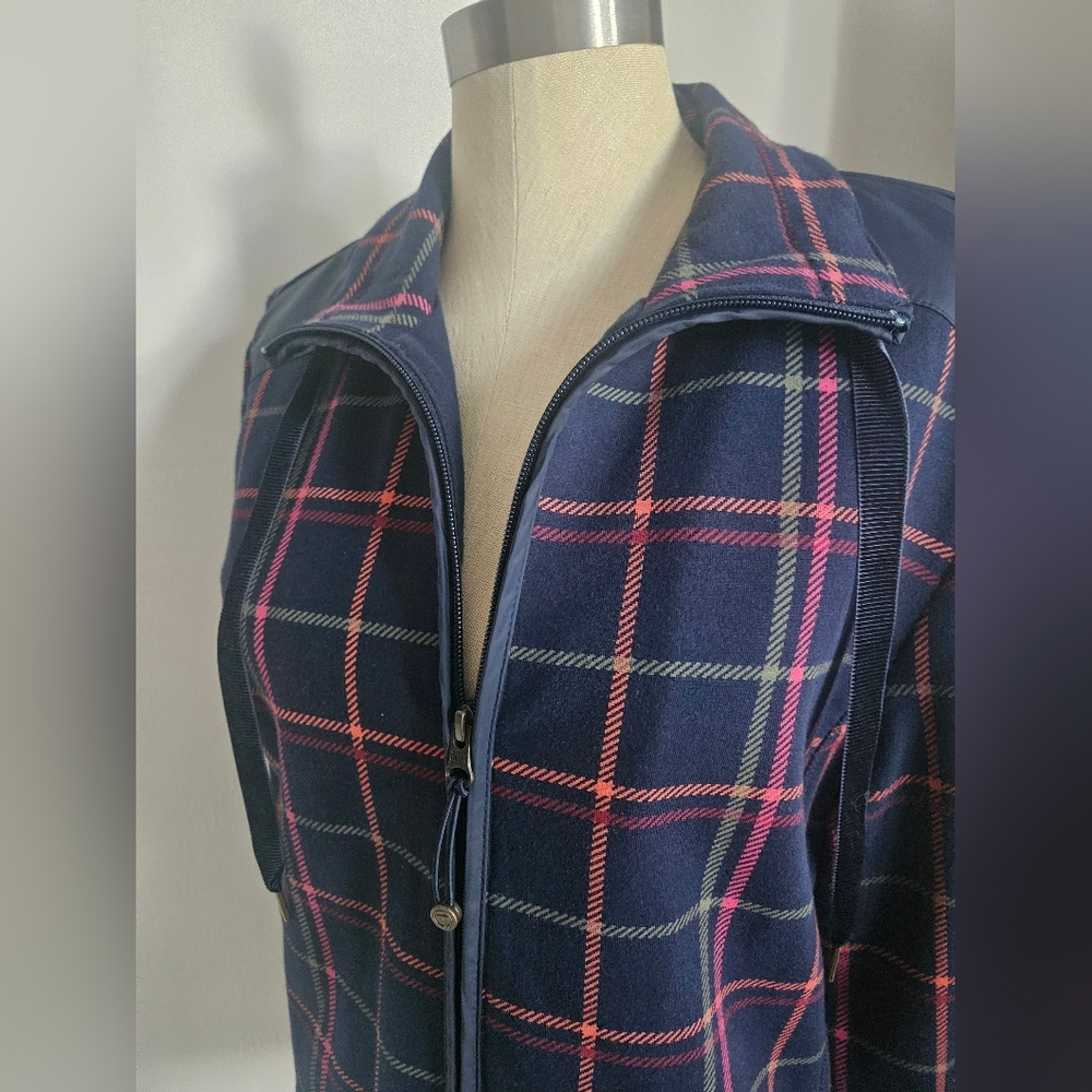 TALBOTS Pink & Green Tattersall Plaid Navy Fleece Field Jacket | SZ L - Picture 2 of 16